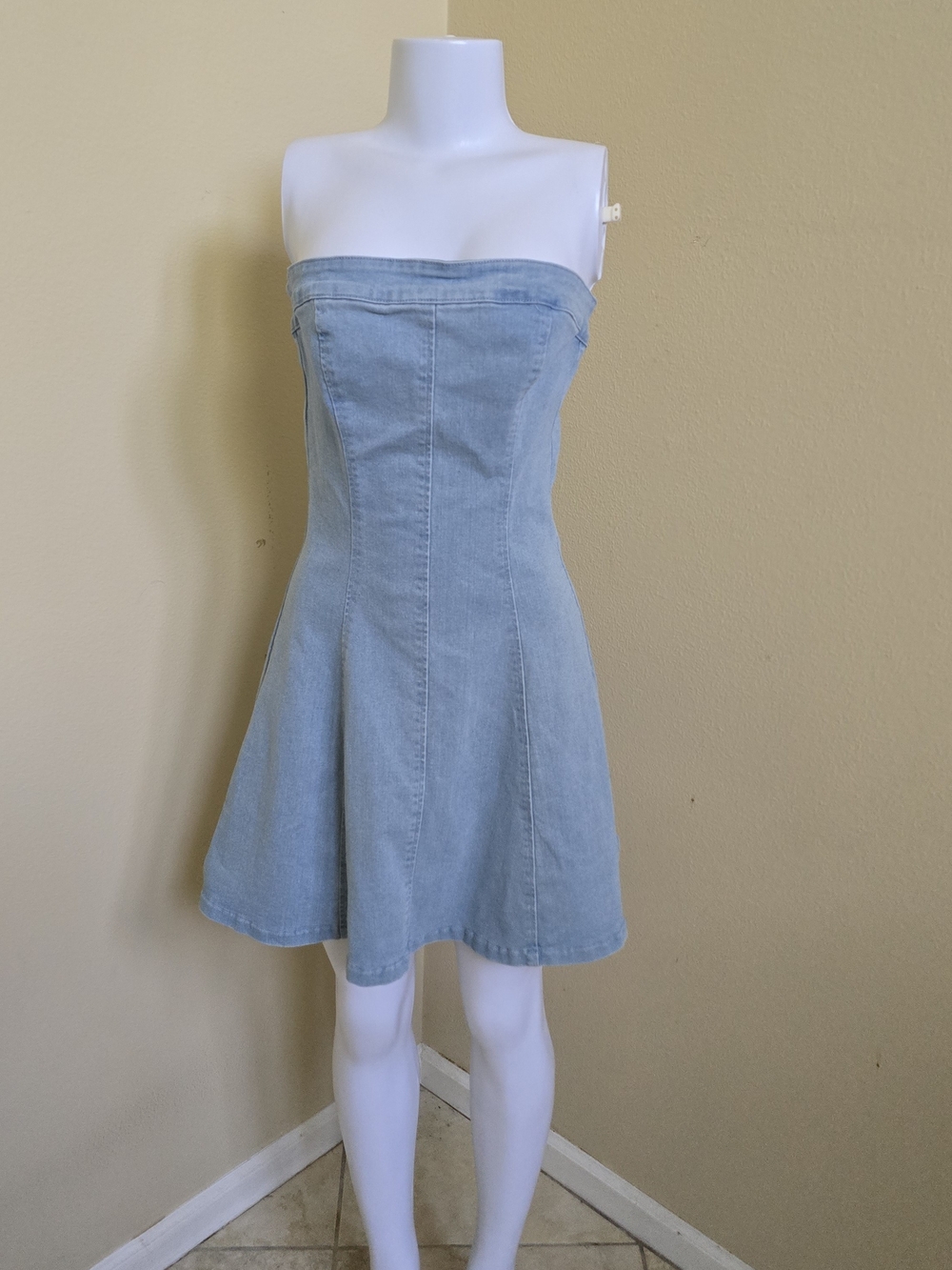 Strapless Light Blue Denim Midi Dress